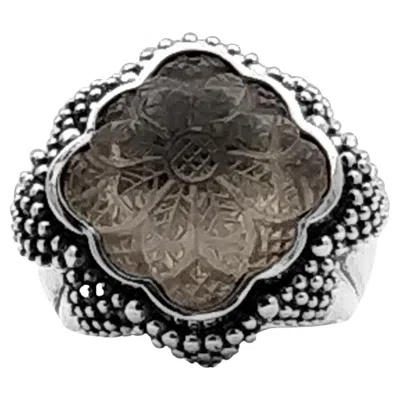 Pre-owned Stephen Dweck Carved Smoky Quartz Carving Over Rhodium Coated Ring In Multi