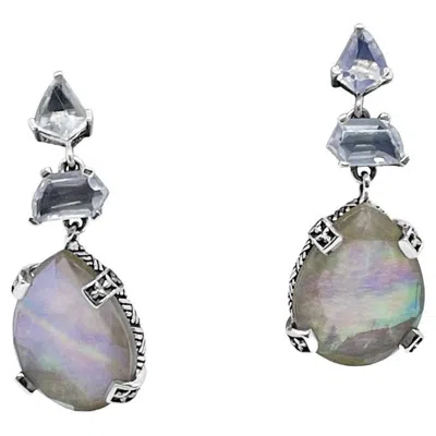 Pre-owned Stephen Dweck Cascade Of Moonstones/natural Quartz/mother Of Pearl Drop Earrings In Multi