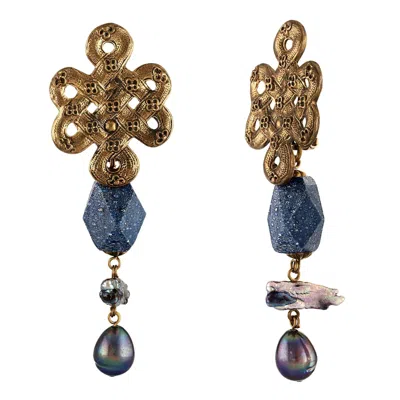 Pre-owned Stephen Dweck Celtic Knot Blue Coral & Pearl Brass Clip-on Earrings In Red