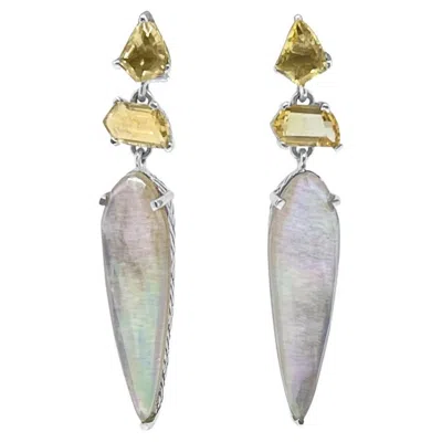 Pre-owned Stephen Dweck Champagne & Natural Quartz Mother Of Pearl, Sunstone Earrings In Sterling Silver In Multi