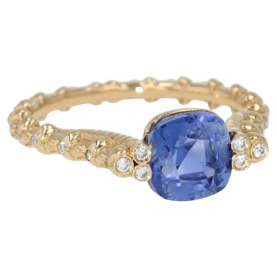 Pre-owned Stephen Dweck Cushion Shaped Ceylon Sapphire & Diamond Ring In 18k Yg By  In Blue