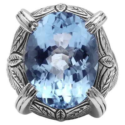 Pre-owned Stephen Dweck Faceted Blue Topaz Ring In Engraved Sterling Silver