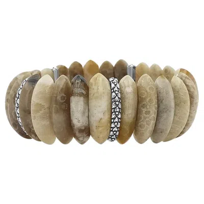 Pre-owned Stephen Dweck Fossil Coral Marquise Stretch Bracelet & Flower Engraved Sterling Silver Spacers In Red