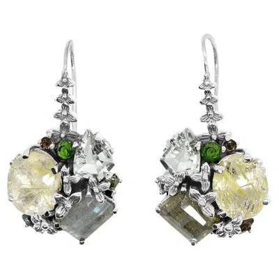 Pre-owned Stephen Dweck Gold Hair Rudilated Quartz, Labrodite, Amy, Peridot Earrings In Sterling Silver In Multi