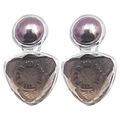 Pre-owned Stephen Dweck Golden Pearl And Hand Carved Smoky Quartz Clip Earring In Sterling Silver In Multi