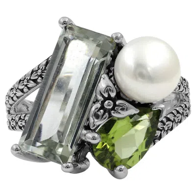 Pre-owned Stephen Dweck Green Amethyst Peridot And Pearl Ring In Sterling Silver In Purple