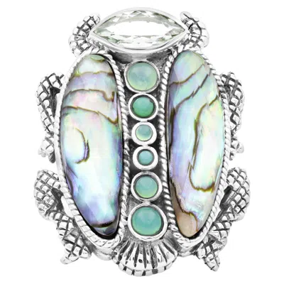 Pre-owned Stephen Dweck Green Prasiolite Chrysoprase Natural Quartz &abalone Scarab Sterling Silver Ring