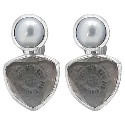 Pre-owned Stephen Dweck Hand Carved Natural Quartz And Mother Of Pearl Clip Earring In Sterling Silver In Multi