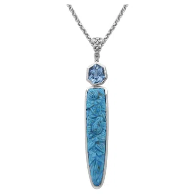 Pre-owned Stephen Dweck Hand Carved Turquoise And Faceted Blue Topaz Pendant In Sterling Silver