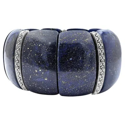 Pre-owned Stephen Dweck Lapis Cushion Stretch Bracelet With Flower Engraved Sterling Silver Spacers In Multi