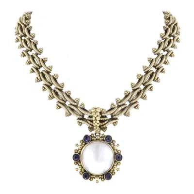 Pre-owned Stephen Dweck Mop Purple Amethyst Necklace & Earrings Set 18k Yellow Gold White
