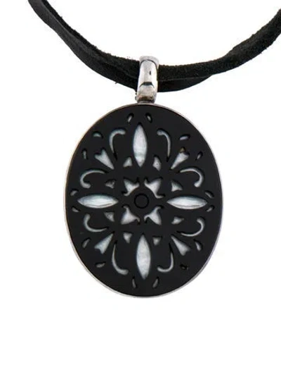 Pre-owned Stephen Dweck Mother Of Pearl, Leather Ribbon & Acrylic Pendant Necklace, 34.25" In Black