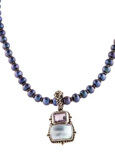 Pre-owned Stephen Dweck Mother Of Pearl, Pearl & Amethyst Bead Strand Pendant Toggle Necklace, 16.5" In Multi