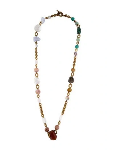 Pre-owned Stephen Dweck Mother Of Pearl, Pearl, Crystal, & Multicolor Stone Station Necklace, 38.5" In Black/blue/brown