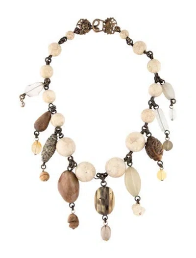 Pre-owned Stephen Dweck Multicolor Stone & Wood Station Collar Necklace, 17.75" In Brown/clear/grey