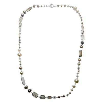 Pre-owned Stephen Dweck Multi-hued Pearls And Natural Quartz Engraved Necklace In Sterling Silver