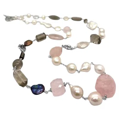 Pre-owned Stephen Dweck Multi-hued Pearls Baroque, Keshi Pearls, Rose Quartz Necklace In Sterling Silver In Red