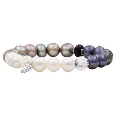 Pre-owned Stephen Dweck Multi-hued Pearls Black Onyx And Smoky Quartz Bracelet In Sterling Silver