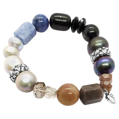 Pre-owned Stephen Dweck Peacock, Pearls, Lapis, Smoky Qtz, Agate & Moonstone Bracelet In Sterling Silver In Multi