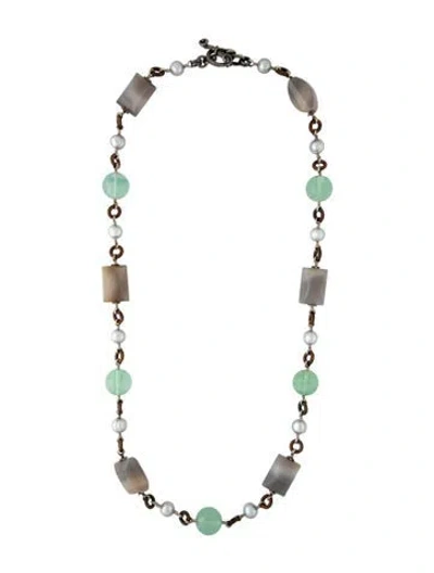 Pre-owned Stephen Dweck Pearl, Agate, & Fluorite Long Bead Necklace, 31.75" In Multicolor
