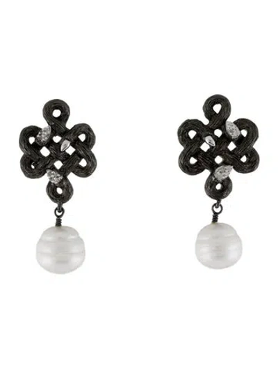 Pre-owned Stephen Dweck Pearl & Diamond Celtic Knot Drop Earrings In Multi