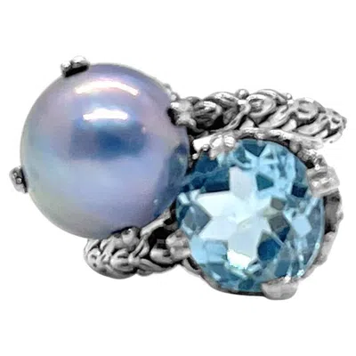 Pre-owned Stephen Dweck Pearl And Faceted Sky Blue Topaz Ring In Sterling Silver