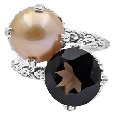 Pre-owned Stephen Dweck Pearl And Faceted Smoky Quartz Two-stone Ring In Sterling Silver In Multi
