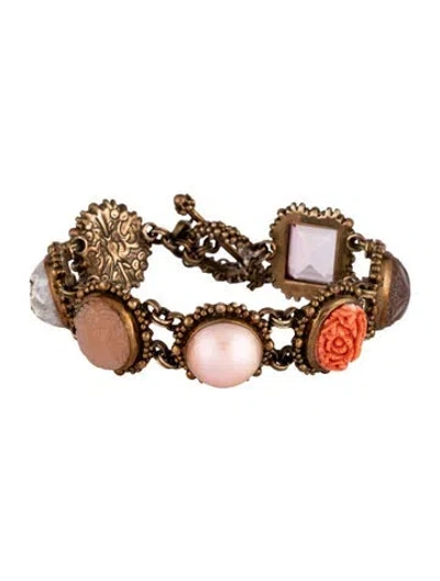 Pre-owned Stephen Dweck Pearl, Coral & Multistone Station Bracelet, 6.5" In Multicolor