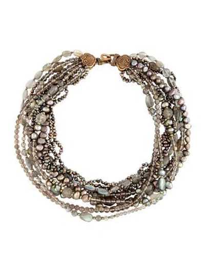Pre-owned Stephen Dweck Pearl, Crystal, & Bead Multistrand Necklace, 17.25" In Green/grey/purple