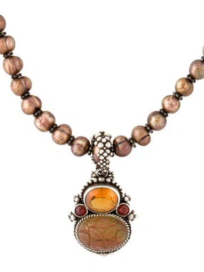 Pre-owned Stephen Dweck Pearl, Garnet, Quartz & Citrine Carved Strand Necklace Pendant, 16" In Multi