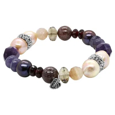 Pre-owned Stephen Dweck Pearls Amethyst Smokey Quartz Agate Stretch Bracelet In Sterling Silver In Purple