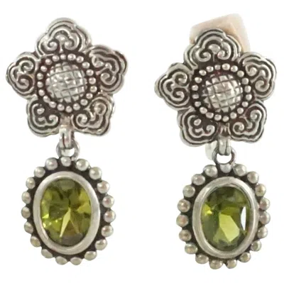 Pre-owned Stephen Dweck Peridot Crystal With Silver Flower And Trim Clip Earrings