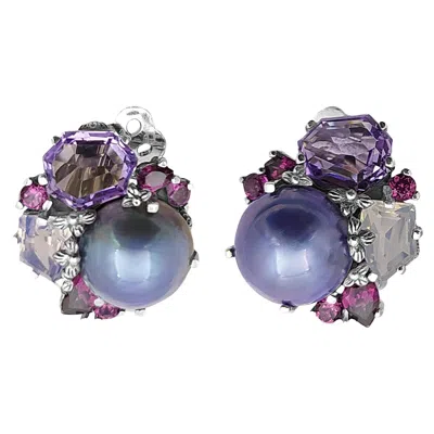 Pre-owned Stephen Dweck Rockrageous Amethyst, Rhodolite Garnet, Garnet & Tourmaline Cluster Clip Earring In Purple
