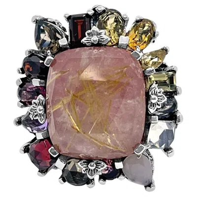 Pre-owned Stephen Dweck Rockrageous Gold Rutilated Quartz, Pearl, Rhodonite, Citrine Cluster Ring In Multi