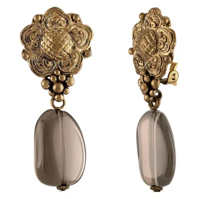 Pre-owned Stephen Dweck Smokey Quartz Floral Clip-on Brass Earrings In Multi