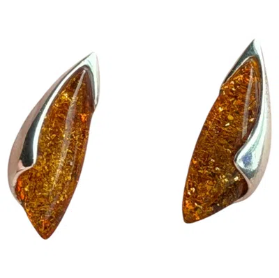 Pre-owned Stephen Dweck Sterling Silver + Baltic Amber Sculptural Stud Earrings Minimalist Simple Form In Brown