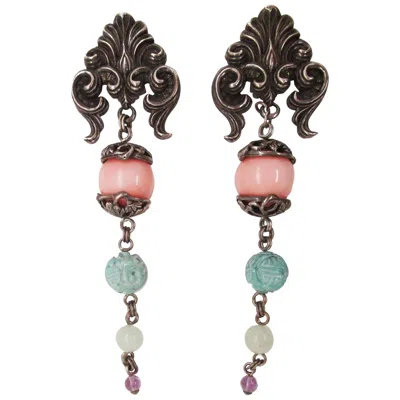 Pre-owned Stephen Dweck Sterling Silver Carved Turquoise Jade Amethyst Dangle Earrings In Purple