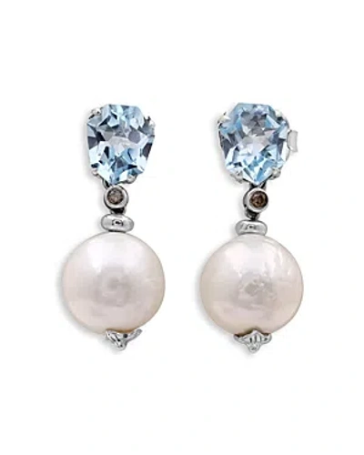 Stephen Dweck Sterling Silver Galactical Blue Topaz, Baroque Cultured Freshwater Pearl & Champagne Diamond Drop Ea In White/blue
