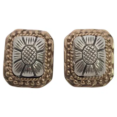 Pre-owned Stephen Dweck Sterling Silver Gold Tone Square Flower Omega Earrings #25650 In Multiple