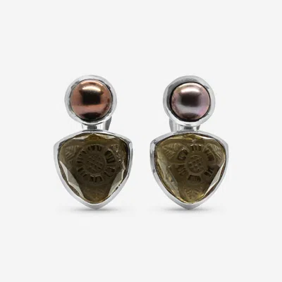 Stephen Dweck Sterling Silver, Golden Pearl And Hand Carved Smoky Quartz Clip Earrings Sde-32045 In Black