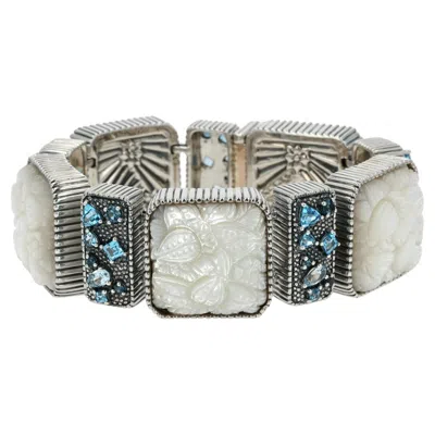 Pre-owned Stephen Dweck Sterling Silver Hand-carved Mother Of Pearl, Swiss & London Blue Topaz Bracelet