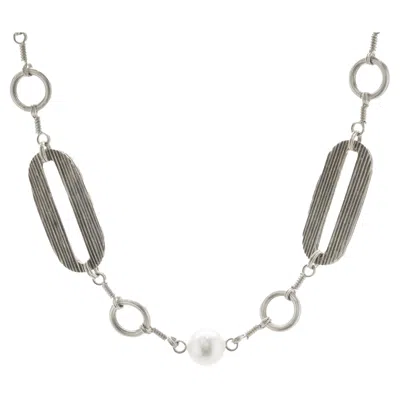 Pre-owned Stephen Dweck Sterling Silver Pearl Station Necklace In Multi