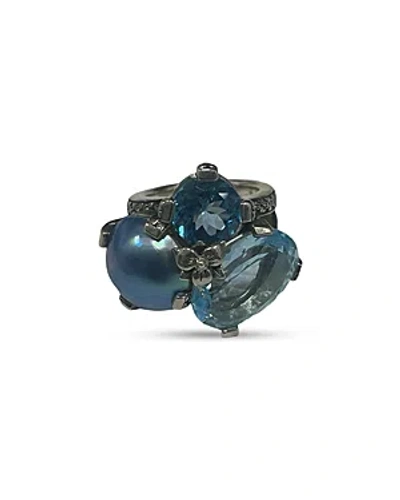 Stephen Dweck Sterling Silver Rockrageous Multi Gemstone Blue-hued Statement Ring