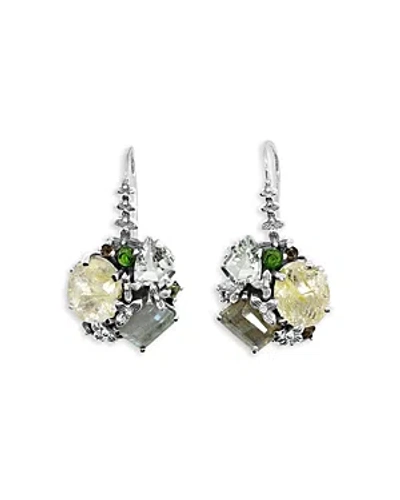 Stephen Dweck Sterling Silver Rockrageous Multi Gemstone Cluster Drop Earrings In Green