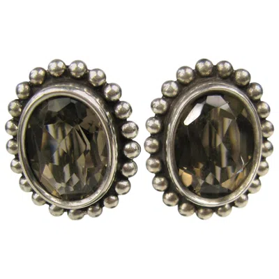 Pre-owned Stephen Dweck Sterling Silver Smokey Quartz Oval Bezel Earrings 1990s In Black
