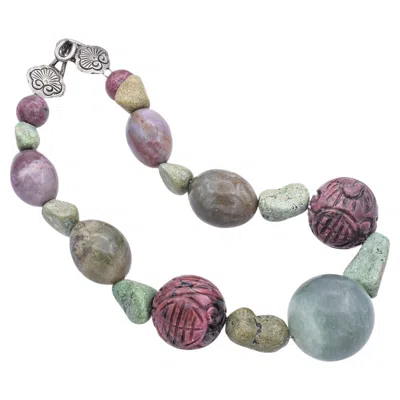 Pre-owned Stephen Dweck Sterling Silver Turquoise Lepidolite Rhodonite Beaded Necklace In Multi