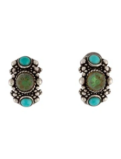Pre-owned Stephen Dweck Turquoise & Quartz Huggie Earrings In Multi