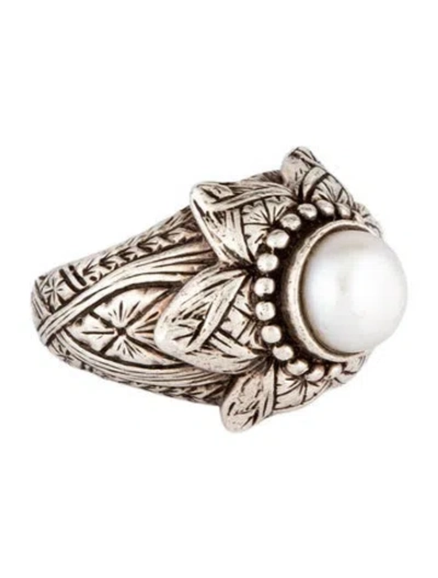 Pre-owned Stephen Dweck Vintage Pearl Floral Cocktail Ring In White