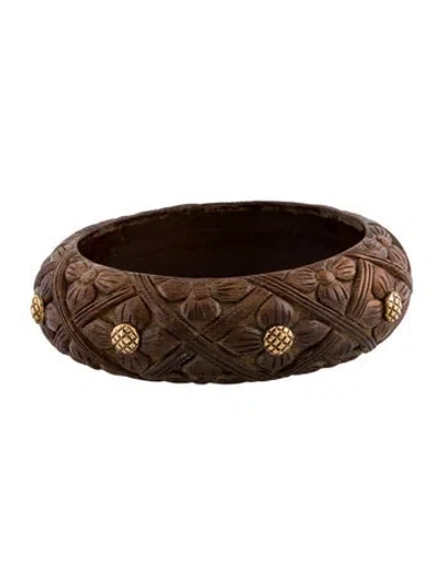 Pre-owned Stephen Dweck Vintage Stud Floral Carved Wood Bangle, 8" In Multi