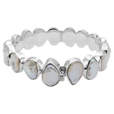 Pre-owned Stephen Dweck White Keshi Pearl Medium Open And Close Bangle In Sterling Silver